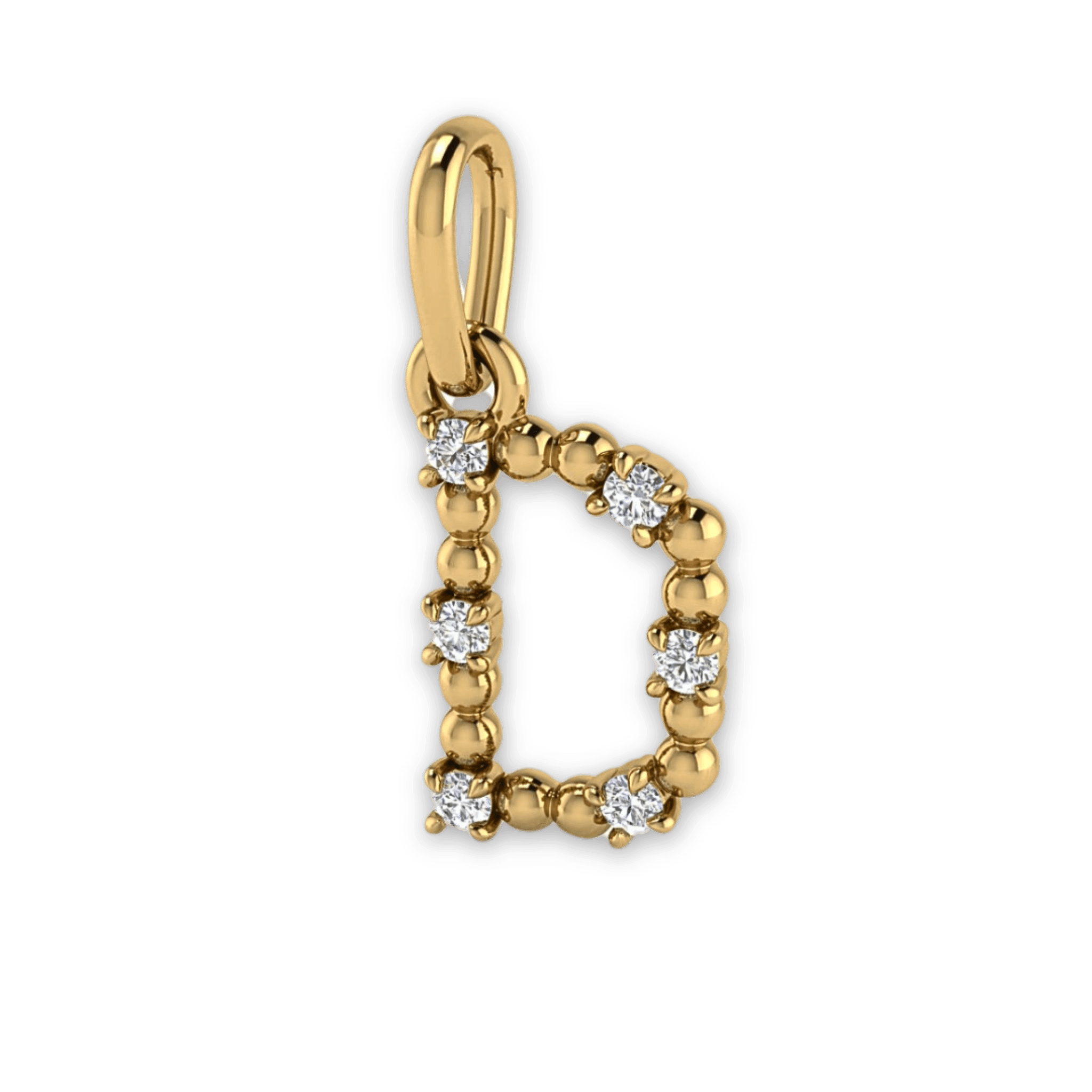 Die Sassy Letter Charm Kette von Mooja Studio mit einem Buchstaben-Anhänger in 14K Gelbgold, besetzt mit Labor-Diamanten, verkörpert ethischen Luxus und personalisierten Stil.