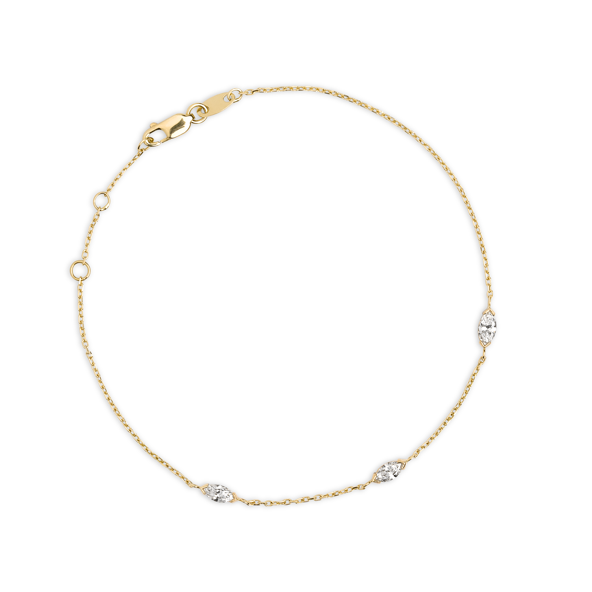 Brautschmuck Armband aus 14K Gold und drei Marquise Lab Grown Diamanten.