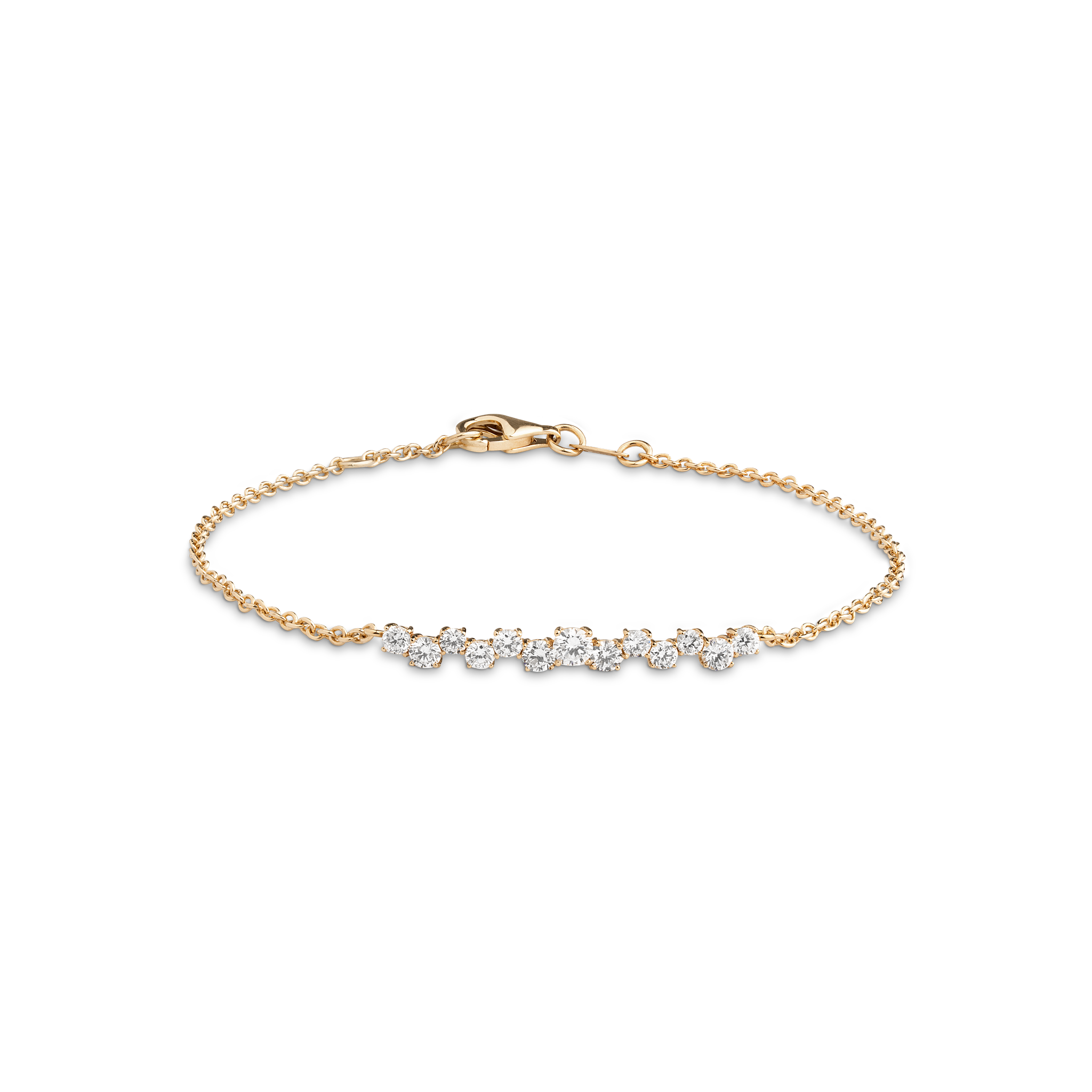 Diamantarmband aus 14K Echtgold und runden Lab Grown Diamanten in asymmetrischer Anordnung und verschiedenen Größen.