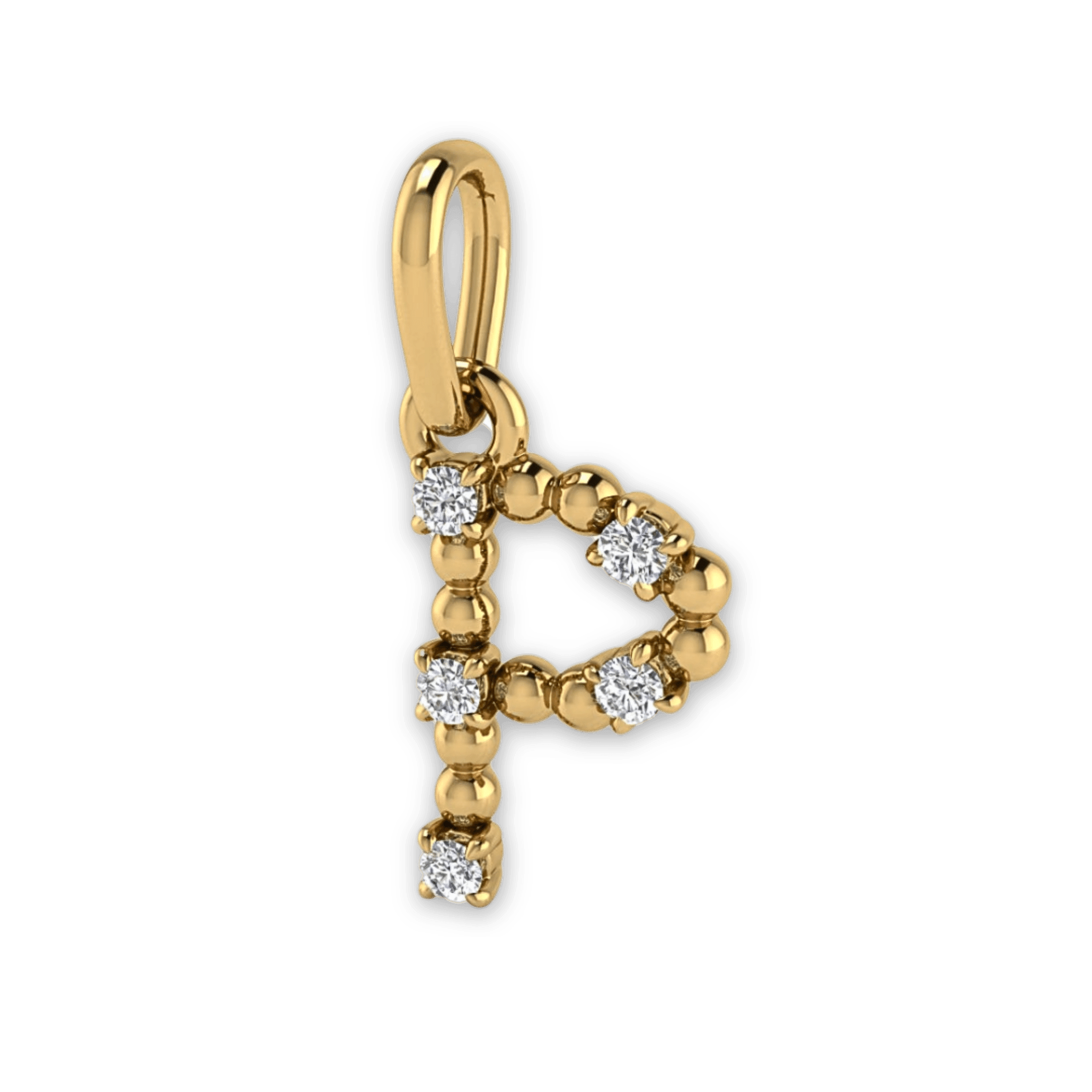 Die Sassy Letter Charm Kette von Mooja Studio mit einem Buchstaben-Anhänger in 14K Gelbgold, besetzt mit Labor-Diamanten, verkörpert ethischen Luxus und personalisierten Stil.